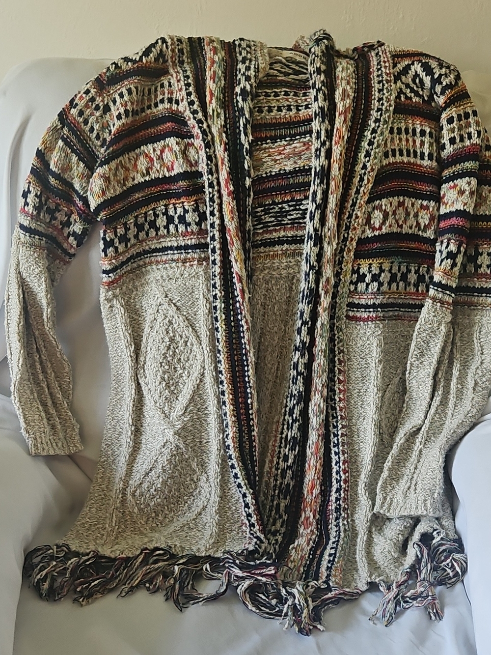 ADORA Beige Multicolor Fringe Open-Front Cardigan